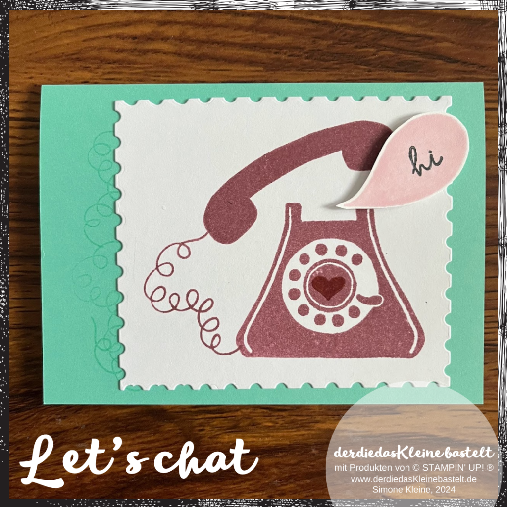 Nostalgisches Telefon aus dem neuen Stempelset "Let's chat" in malve gestempelt. Hintergrund der Karte ist in Jade.