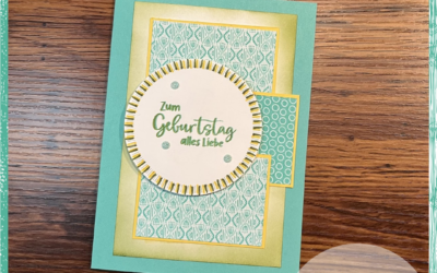 Geburtstagskarte in Südseesommer, Waldmoos und Osterglocke